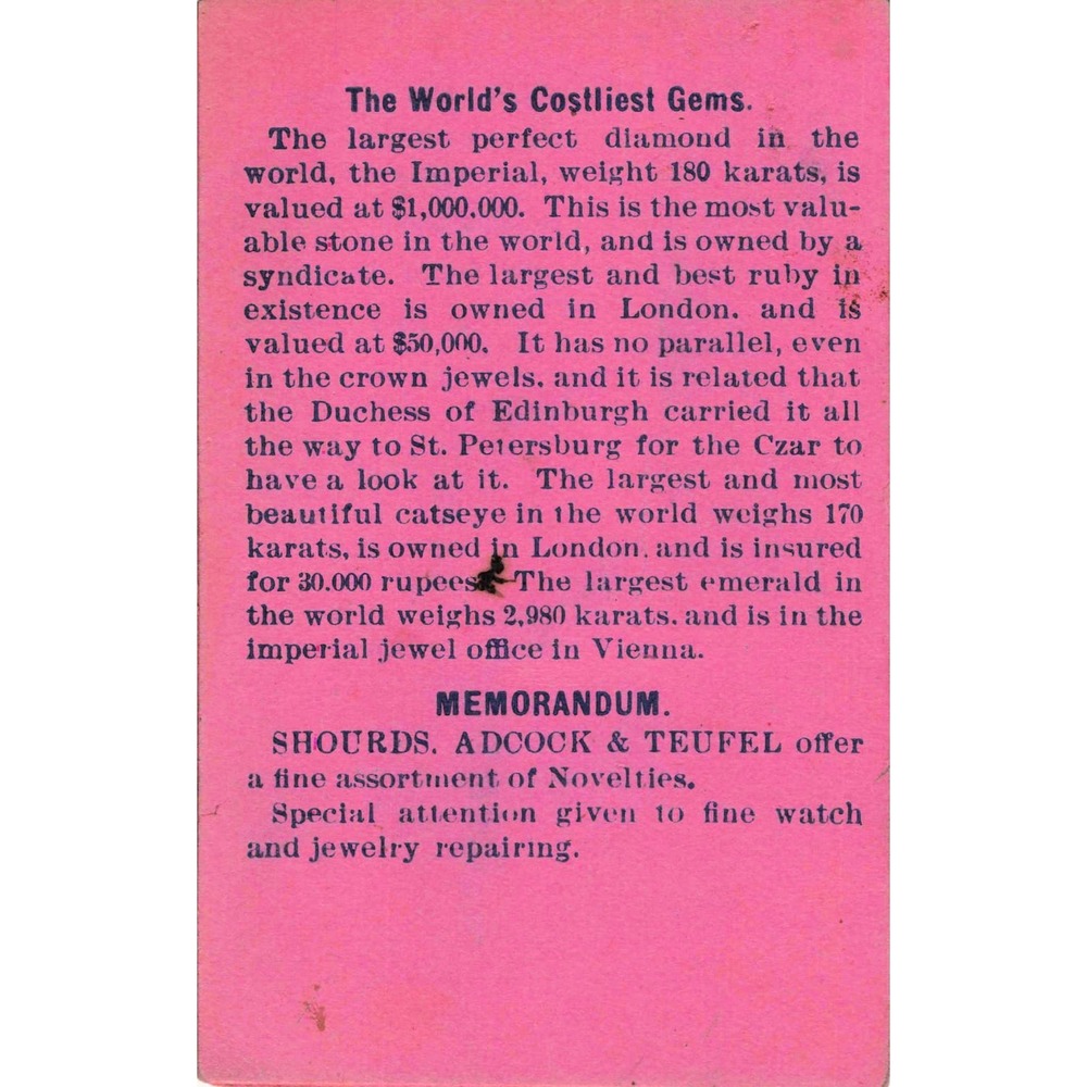 Antique Trade Card Shourds Adcock & Teufel Jewelers Chicago Costly Gems - Picture 2 of 2